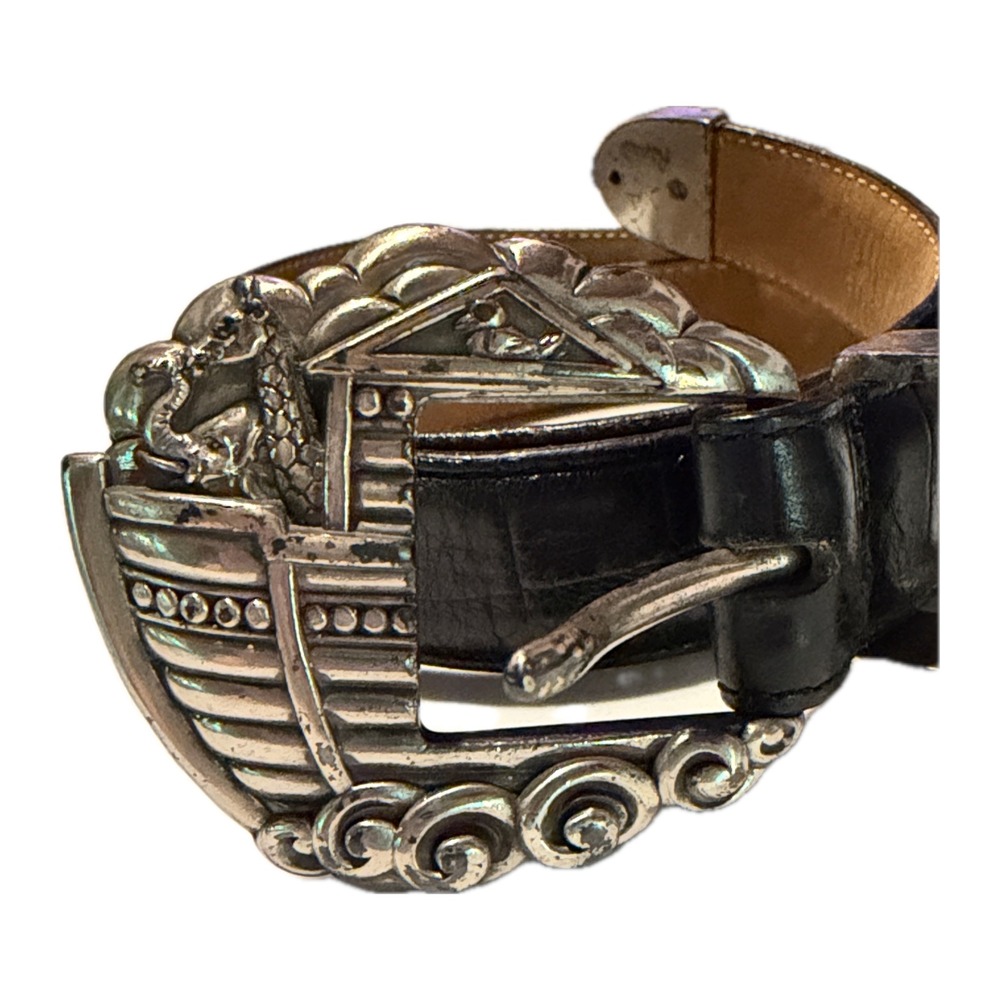 Vintage 90s Brighton Museum Belt Noahs Ark Black Leather Silver Medium  W-27-31"